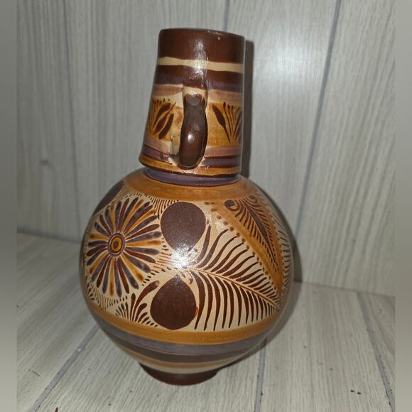 Vtg Tonala Mexican Pottery Bedside Water Pitcher W/Cup Handmade Botellon Vase - Picture 3 of 8